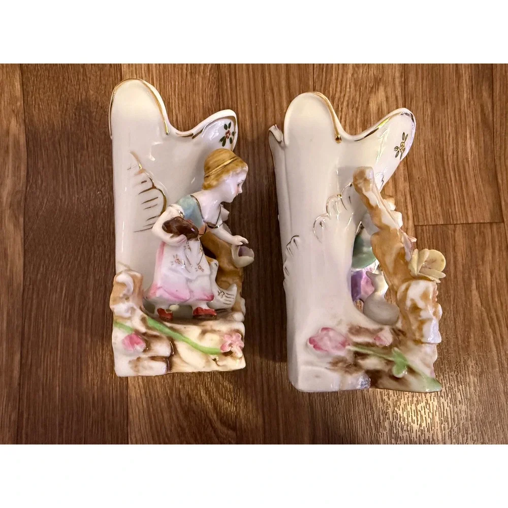 Vintage Porcelain Spill Vase Set‎ Boy Girl Figurine Hand Painted Floral Gold Rim